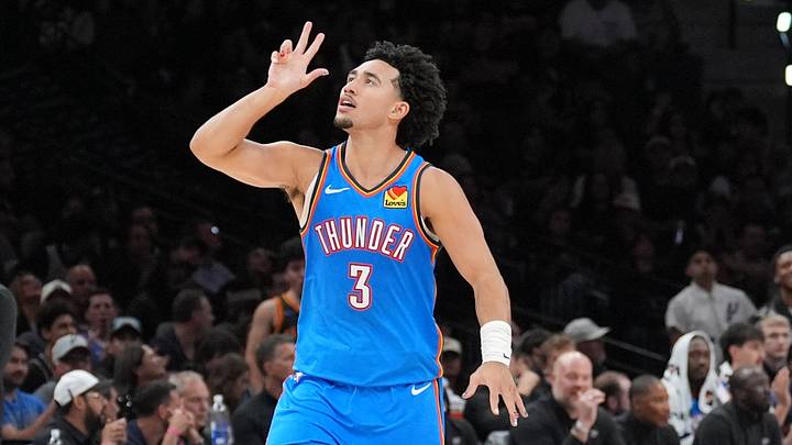 Oct 20, 2026; San Antonio, Texas, USA;  Oklahoma City Thunder guard Jared McCain (3) celebrates in the second half against the San Antonio Spurs at Frost Bank Center.  Mandatory Credit: Daniel Dunn-Imagn Images
