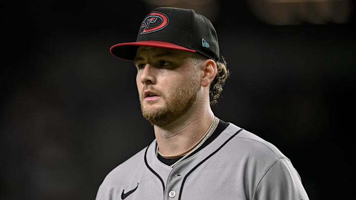Aug 11, 2025; Arlington, Texas, USA; Arizona Diamondbacks starting pitcher Ryne Nelson (19) during the game between the Texas Rangers and the Arizona Diamondbacks at Globe Life Field. Mandatory Credit: Jerome Miron-Imagn Images