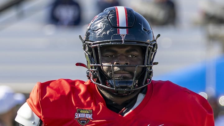 Defensive tackle Lee Hunter (10) of Texas Tech practices at the Senior Bowl.