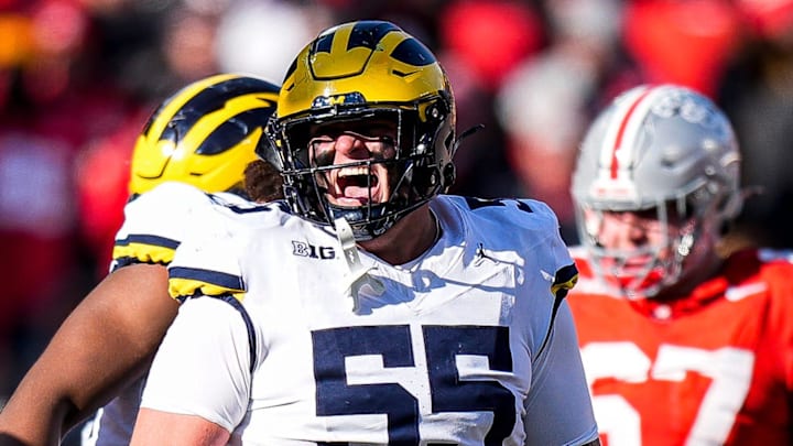 Michigan defensive lineman Mason Graham (55) celebrates a play against Ohio State during the second half at Ohio Stadium in Columbus, Ohio on Saturday, Nov. 30, 2024.