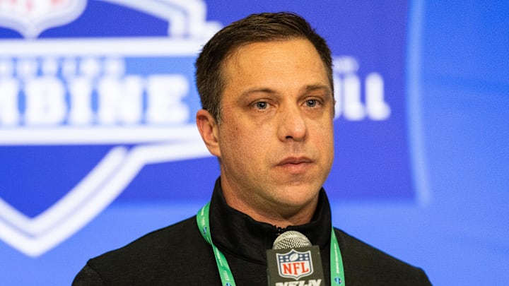 Feb 27, 2024; Indianapolis, IN, USA; Kansas City Chiefs General Manager Brett Veach talks to the media at the 2024 NFL Combine at Indiana Convention Center. Mandatory Credit: Trevor Ruszkowski-Imagn Images