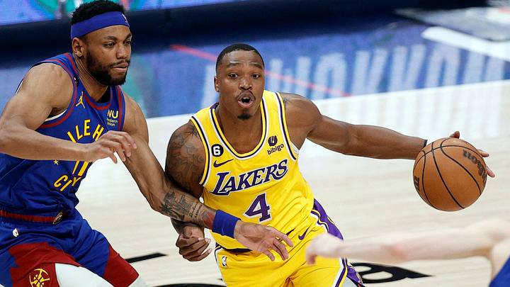 May 16, 2023; Denver, Colorado, USA; Los Angeles Lakers guard Lonnie Walker IV (4) controls the ball against Denver Nuggets forward Bruce Brown (11) in the second half during game one of the Western Conference Finals for the 2023 NBA playoffs at Ball Arena. May 16, 2023; Denver, Colorado, USA; Los Angeles Lakers guard Lonnie Walker IV (4) controls the ball against Denver Nuggets forward Bruce Brown (11) in the second half during game one of the Western Conference Finals for the 2023 NBA playoffs at Ball Arena.