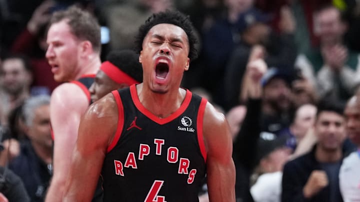 Nov 26, 2025; Toronto, Ontario, CAN; Toronto Raptors forward Scottie Barnes (4) celebrates the win against the Indiana Pacers at the end the fourth quarter at Scotiabank Arena. Mandatory Credit: Nick Turchiaro-Imagn Images