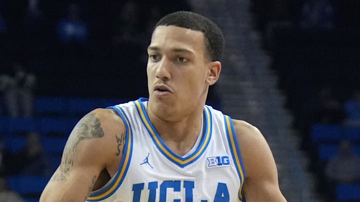 Dec 17, 2024; Los Angeles, California, USA; UCLA Bruins guard Kobe Johnson (0) dribbles the ball against the Prairie View A&M Panthers at Pauley Pavilion presented by Wescom. Mandatory Credit: Kirby Lee-Imagn Images