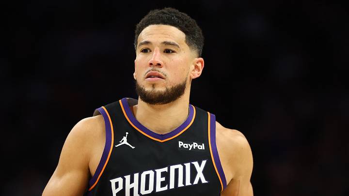 Apr 27, 2026; Phoenix, Arizona, USA; Phoenix Suns guard Devin Booker (1) against the Oklahoma City Thunder in the second half during game four of the first round of the 2026 NBA Playoffs at Mortgage Matchup Center. Mandatory Credit: Mark J. Rebilas-Imagn Images Apr 27, 2026; Phoenix, Arizona, USA; Phoenix Suns guard Devin Booker (1) against the Oklahoma City Thunder in the second half during game four of the first round of the 2026 NBA Playoffs at Mortgage Matchup Center. Mandatory Credit: Mark J. Rebilas-Imagn Images