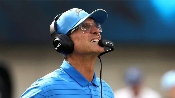 Sep 13, 2026; Inglewood, California, USA;  Los Angeles Chargers head coach Jim Harbaugh reacts after a play against the Arizona Cardinals during the first half at SoFi Stadium.  Mandatory Credit: Kiyoshi Mio-Imagn Images