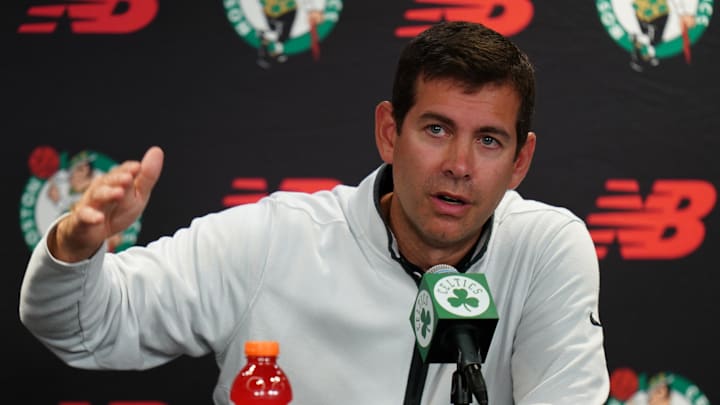 Oct 2, 2023; Boston, Celtics, USA; Boston Celtics president of basketball operations Brad Stevens talks during Boston Celtics Media Day. Mandatory Credit: David Butler II-Imagn Images