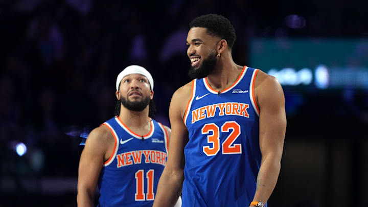 Feb 14, 2026; Los Angeles, CA, USA; 
Team Knicks guard Jalen Brunson (11) of the New York Knicks and center Karl-Anthony Towns (32) of the New York Knicks react during the shooting stars competition during the 2026 NBA All Star Saturday Night at Intuit Dome. Mandatory Credit: Kirby Lee-Imagn Images