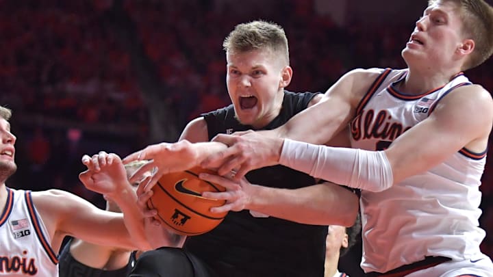 Feb 15, 2025; Champaign, Illinois, USA;  Illinois Fighting Illini center Tomislav Ivisic (13) and teammate Ben Humrichous (3) wrestle with Michigan State Spartans forward Jaxon Kohler (0) for the ball during the second half at State Farm Center. Mandatory Credit: Ron Johnson-Imagn Images