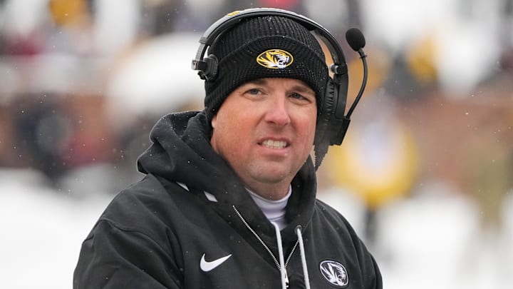Missouri Tigers coach Eli Drinkwitz watches play against the Arkansas Razorbacks during the first half at Faurot Field at Memorial Stadium on Saturday. Missouri scored with 1:53 remaining to beat the Hogs 28-21.