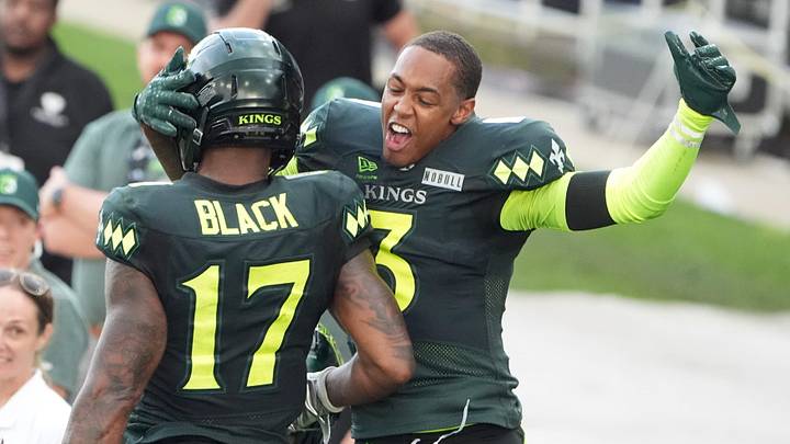 Louisville’s Tarik Black and Cameron Dantzler celebrate scoring a touchdown against the Dallas Renegades at Lynn Family Stadium. May 24, 2026 Louisville’s Tarik Black and Cameron Dantzler celebrate scoring a touchdown against the Dallas Renegades at Lynn Family Stadium. May 24, 2026
