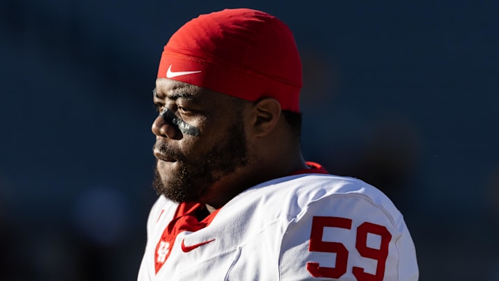 Oct 25, 2025; Tempe, Arizona, USA; Houston Cougars  offensive lineman Demetrius Hunter (59) against the Arizona State Sun Devils at Mountain America Stadium. Mandatory Credit: Mark J. Rebilas-Imagn Images
