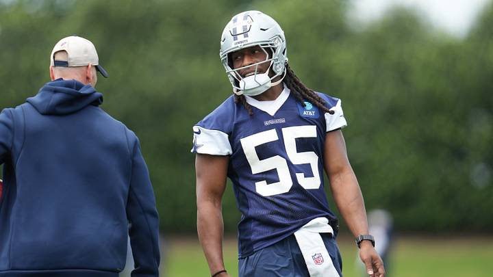 Dallas Cowboys linebacker Jaishawn Barham on the field during practice at the Ford Center at the Star Training Facility Dallas Cowboys linebacker Jaishawn Barham on the field during practice at the Ford Center at the Star Training Facility