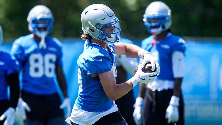 Detroit Lions wide receiver Isaac Teslaa (18) practices a drill during OTAs at team's Allen Park Performance Center Detroit Lions wide receiver Isaac Teslaa (18) practices a drill during OTAs at team's Allen Park Performance Center