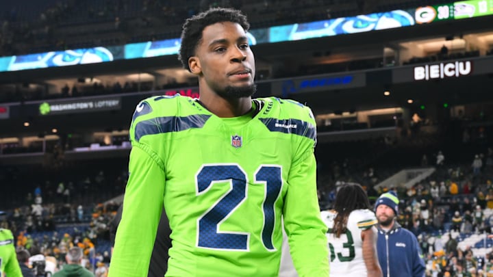 Dec 15, 2024; Seattle, Washington, USA; Seattle Seahawks cornerback Devon Witherspoon (21) walks off the field after the game against the Green Bay Packers at Lumen Field.