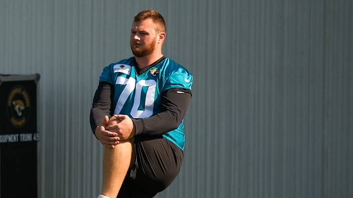 Jacksonville Jaguars offensive tackle Cole van Lanen (70) stretches during the Jaguars final Organized Team Activity on Monday, June 15, 2026 at the Miller Electric Center in Jacksonville, Fla. [Doug Engle/Florida Times-Union]