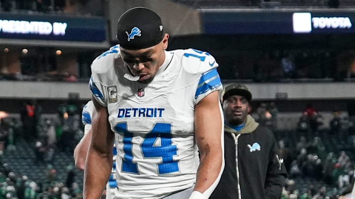 Detroit Lions wide receiver Amon-Ra St. Brown (14) walks off the field after 16-9 loss to Philadelphia Eagles Detroit Lions wide receiver Amon-Ra St. Brown (14) walks off the field after 16-9 loss to Philadelphia Eagles