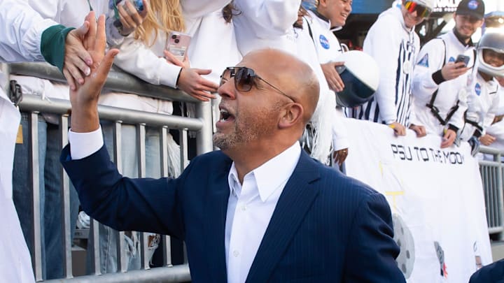 Penn State head coach James Franklin greets members of the student section before an NCAA football game against Ohio State, Saturday, Nov. 2, 2024, in State College, Pa.