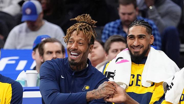 Mar 14, 2025; Philadelphia, Pennsylvania, USA; Indiana Pacers forward James Johnson (16), forward Obi Toppin (1), and center Thomas Bryant (3) react against the Philadelphia 76ers in the fourth quarter at Wells Fargo Center. Mandatory Credit: Kyle Ross-Imagn Images
