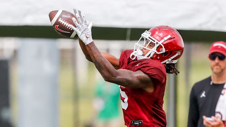 Andrel Anthony (5) runs drills during OU football practice in Norman, Okla., on Monday, Aug. 14, Andrel Anthony (5) runs drills during OU football practice in Norman, Okla., on Monday, Aug. 14,
