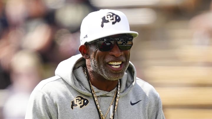 Sep 6, 2025; Boulder, Colorado, USA; Colorado Buffaloes head coach Deion Sanders before the game against the Delaware Fightin Blue Hens at Folsom Field. Mandatory Credit: Ron Chenoy-Imagn Images Sep 6, 2025; Boulder, Colorado, USA; Colorado Buffaloes head coach Deion Sanders before the game against the Delaware Fightin Blue Hens at Folsom Field. Mandatory Credit: Ron Chenoy-Imagn Images