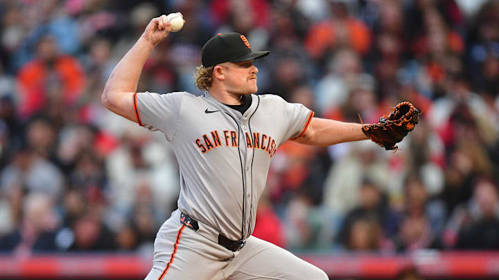 Apr 18, 2025; Anaheim, California, USA; San Francisco Giants pitcher Logan Webb (62) throws against the Los Angeles Angels during the first inning at Angel Stadium. Apr 18, 2025; Anaheim, California, USA; San Francisco Giants pitcher Logan Webb (62) throws against the Los Angeles Angels during the first inning at Angel Stadium.