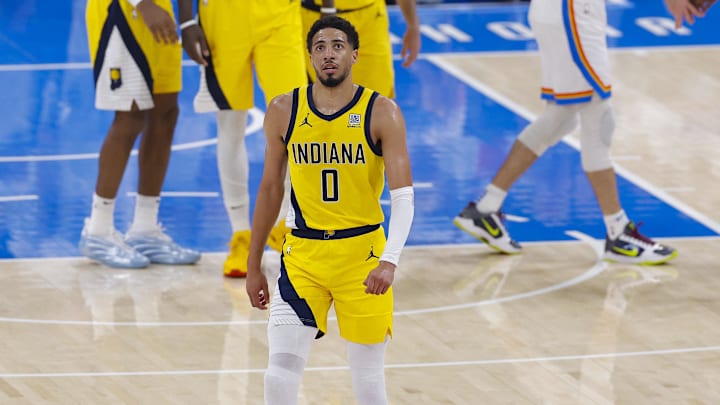 Indiana Pacers guard Haliburton walks back to the team bench during the NBA Finals