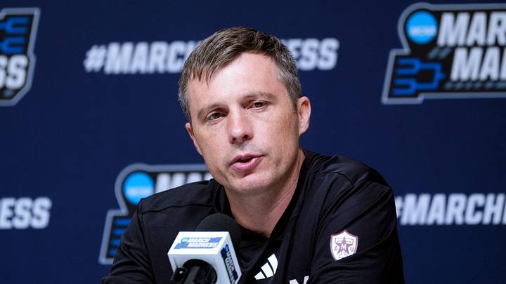 Texas A&M head men's basketball coach Bucky McMillan speaks to the media during practice and media day for the first round of the NCAA basketball tournament at Paycom Center in Oklahoma City, Okla., Wednesday, March 18, 2026. Texas A&M head men's basketball coach Bucky McMillan speaks to the media during practice and media day for the first round of the NCAA basketball tournament at Paycom Center in Oklahoma City, Okla., Wednesday, March 18, 2026.