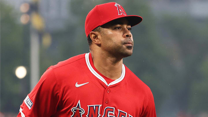 Los Angeles Angels first baseman LaMonte Wade Jr. (35) runs off the field against the Baltimore Orioles at Oriole Park at Camden Yards. 