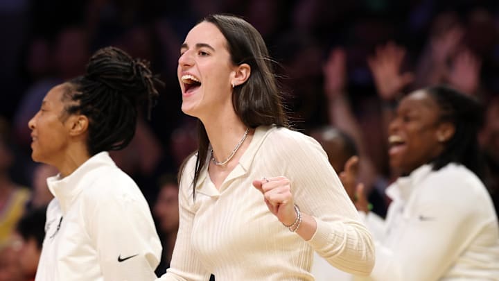 Aug 29, 2025; Los Angeles, California, USA; Indiana Fever guard Caitlin Clark (22) reacts after a teammate makes a basket during the second half against the Los Angeles Sparks at Crypto.com Arena. Mandatory Credit: Kiyoshi Mio-Imagn Images Aug 29, 2025; Los Angeles, California, USA; Indiana Fever guard Caitlin Clark (22) reacts after a teammate makes a basket during the second half against the Los Angeles Sparks at Crypto.com Arena. Mandatory Credit: Kiyoshi Mio-Imagn Images