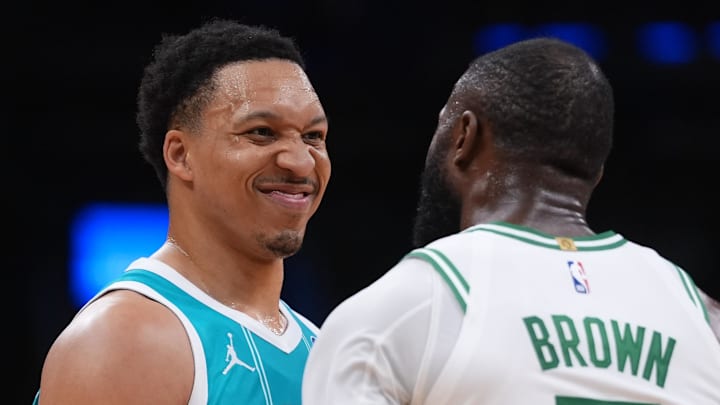 Apr 7, 2026; Boston, Massachusetts, USA; Charlotte Hornets forward Grant Williams (2) and Boston Celtics guard Jaylen Brown (7) meet after the game at TD Garden. Mandatory Credit: David Butler II-Imagn Images Apr 7, 2026; Boston, Massachusetts, USA; Charlotte Hornets forward Grant Williams (2) and Boston Celtics guard Jaylen Brown (7) meet after the game at TD Garden. Mandatory Credit: David Butler II-Imagn Images