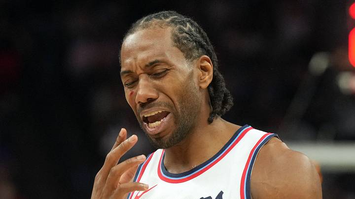 Apr 11, 2025; Sacramento, California, USA; Los Angeles Clippers forward Kawhi Leonard (2) reacts after incurring a facial cut during the fourth quarter against the Sacramento Kings at Golden 1 Center. Mandatory Credit: Darren Yamashita-Imagn Images Apr 11, 2025; Sacramento, California, USA; Los Angeles Clippers forward Kawhi Leonard (2) reacts after incurring a facial cut during the fourth quarter against the Sacramento Kings at Golden 1 Center. Mandatory Credit: Darren Yamashita-Imagn Images
