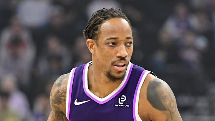 Feb 11, 2026; Salt Lake City, Utah, USA; Sacramento Kings guard/forward DeMar DeRozan (10) stares down Utah Jazz forward Jaren Jackson Jr. (20) during the first half at Delta Center. Mandatory Credit: Peter Creveling-Imagn Images Feb 11, 2026; Salt Lake City, Utah, USA; Sacramento Kings guard/forward DeMar DeRozan (10) stares down Utah Jazz forward Jaren Jackson Jr. (20) during the first half at Delta Center. Mandatory Credit: Peter Creveling-Imagn Images