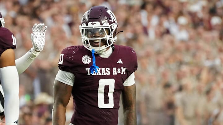 Aug 30, 2025; College Station, Texas, USA; Texas A&M Aggies linebacker Scooby Williams (0) in the second quarter against the UTSA Roadrunners at Kyle Field. Aug 30, 2025; College Station, Texas, USA; Texas A&M Aggies linebacker Scooby Williams (0) in the second quarter against the UTSA Roadrunners at Kyle Field.