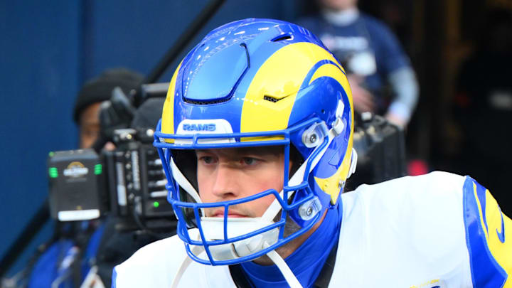 Jan 25, 2026; Seattle, WA, USA; Los Angeles Rams quarterback Matthew Stafford (9) walks on field before the 2026 NFC Championship Game against the Seattle Seahawks at Lumen Field. Mandatory Credit: Steven Bisig-Imagn Images