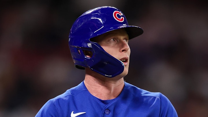 May 14, 2026; Atlanta, Georgia, USA; Chicago Cubs center fielder Pete Crow-Armstrong (4) walks against the Atlanta Braves in the seventh inning at Truist Park. Mandatory Credit: Brett Davis-Imagn Images