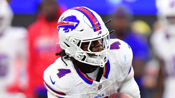 Oct 12, 2026; Inglewood, California, USA;  Buffalo Bills running back James Cook III (4) rushes during the first quarter against the Los Angeles Rams at SoFi Stadium.  Mandatory Credit: Gary A. Vasquez-Imagn Images