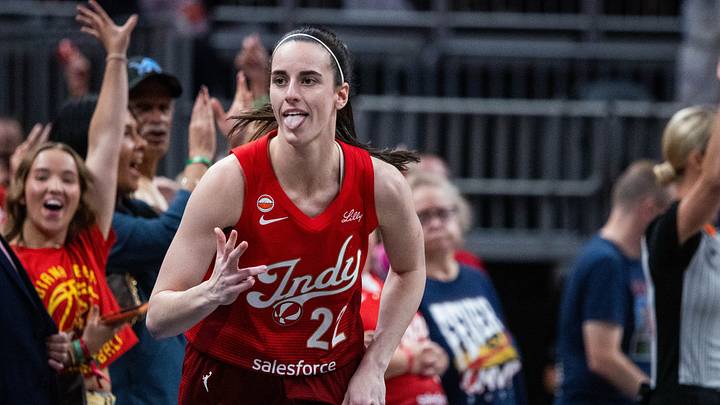 Aug 28, 2026; Indianapolis, Indiana, USA;  Indiana Fever guard Caitlin Clark (22) celebrates a made basket in the first half against the Connecticut Sun at Gainbridge Fieldhouse.  Mandatory Credit: Trevor Ruszkowski-Imagn Images