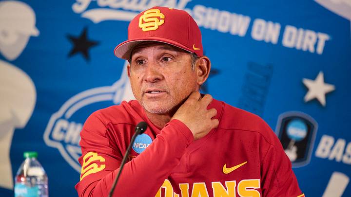May 31, 2025; Corvallis, OR, USA; USC head coach Andy Stankiewicz takes questions after a game against Saint Mary's at the NCAA Corvallis Regional at Goss Stadium. 
