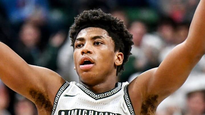 Michigan State's Jeremy Fears Jr. celebrates after a Coen Carr dunk against UCLA during the second half on Tuesday, Feb. 17, 2026, at the Breslin Center in East Lansing.