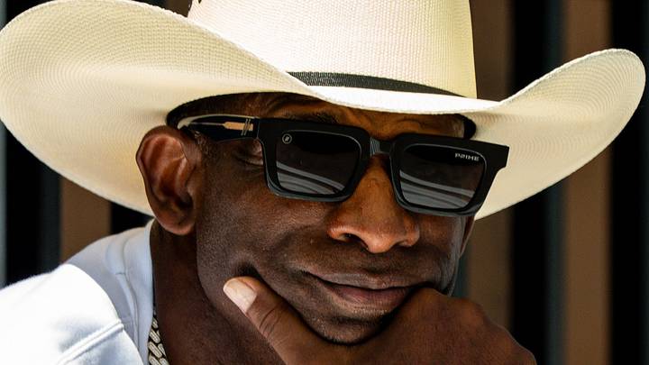 Deion Sanders takes in the second day of Cleveland Browns training camp, July 30, 2026, in Berea, Ohio.
