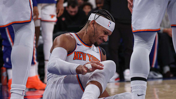 Dec 25, 2025; New York, New York, USA; New York Knicks guard Josh Hart (3) reacts after being fouled during the second half against the Cleveland Cavaliers at Madison Square Garden. Josh Hart would leave the game after the play.