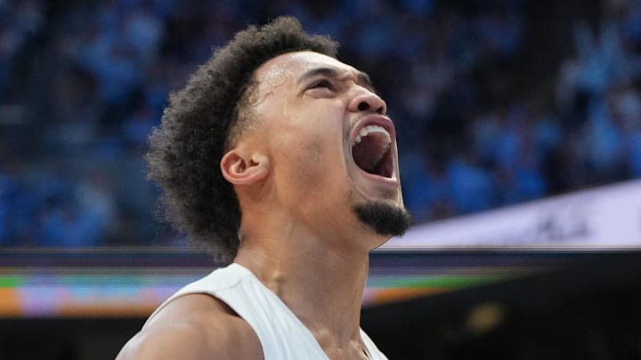 Feb 23, 2026; Chapel Hill, North Carolina, USA; North Carolina Tar Heels guard Seth Trimble (7) reacts after scoring in the second half at Dean E. Smith Center. Mandatory Credit: Bob Donnan-Imagn Images