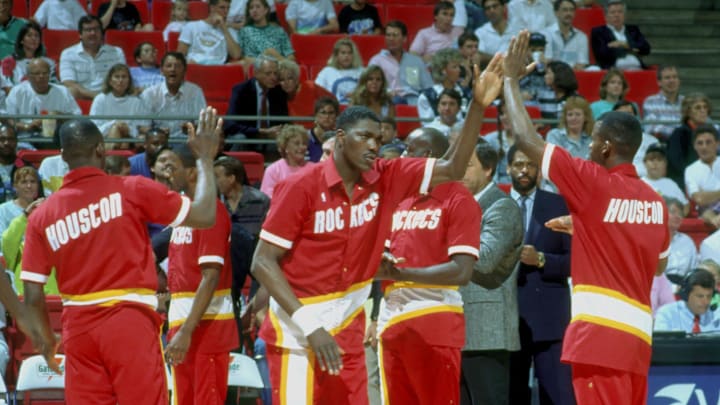 Apr 8, 1990; Orlando, FL, USA; FILE PHOTO; Houston Rockets center #34 HAKEEM OLAJUWON during player introductions before their game against the Orlando Magic at the Orlando Arena. Mandatory Credit: Photo By Imagn Images (c) Copyright Imagn Images