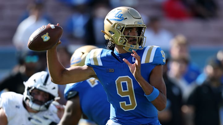 Oct 4, 2025; Pasadena, California, USA;  UCLA Bruins quarterback Nico Iamaleava (9) drops back to pass during the fourth quarter against the Penn State Nittany Lions at Rose Bowl. Mandatory Credit: Kiyoshi Mio-Imagn Images