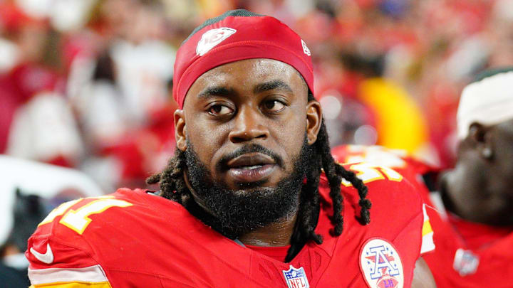 Oct 7, 2024; Kansas City, Missouri, USA; Kansas City Chiefs defensive end Mike Danna (51) on the sidelines against the New Orleans Saints during the game at GEHA Field at Arrowhead Stadium. Mandatory Credit: Denny Medley-Imagn Images