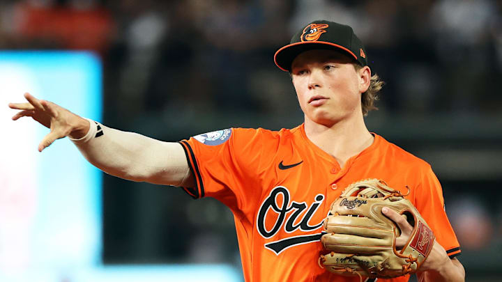 Sep 20, 2025; Baltimore, Maryland, USA; Baltimore Orioles second baseman Jackson Holliday (7) throws to first for an out during the first inning against the New York Yankees at Oriole Park at Camden Yards. Mandatory Credit: Daniel Kucin Jr.-Imagn Images
