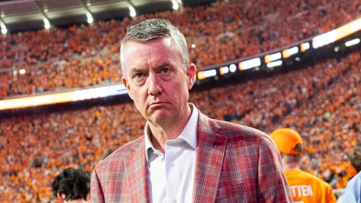 Alabama athletic Greg Byrne makes his way through the crowd after an SEC conference game between Tennessee and Alabama in Neyland Stadium on Saturday, Oct. 19, 2024.