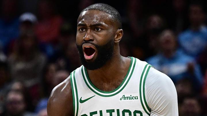 Nov 30, 2025; Cleveland, Ohio, USA; Boston Celtics guard Jaylen Brown (7) reacts after fouling Cleveland Cavaliers guard Donovan Mitchell (45) during the second half at Rocket Arena. Mandatory Credit: David Dermer-Imagn Images