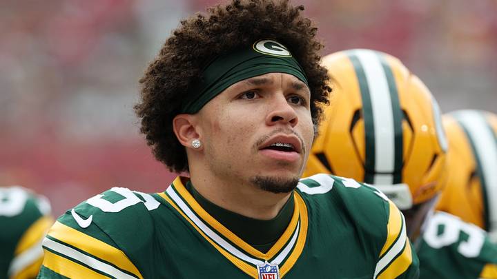 Green Bay Packers wide receiver Christian Watson (9) looks on